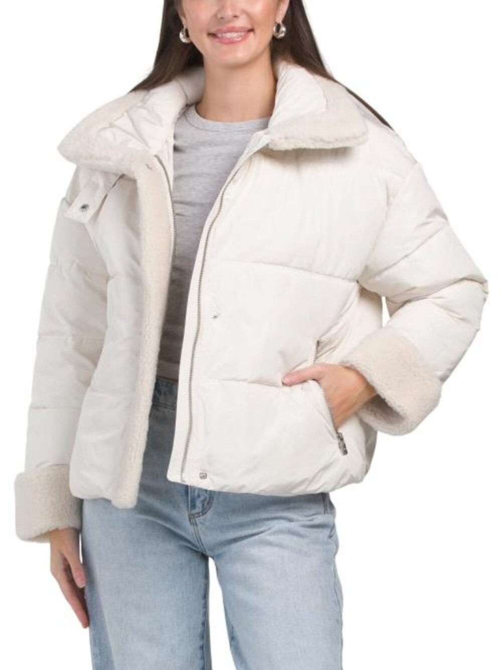 TAHARI Montana High Neck Faux Fur Trim Puffer